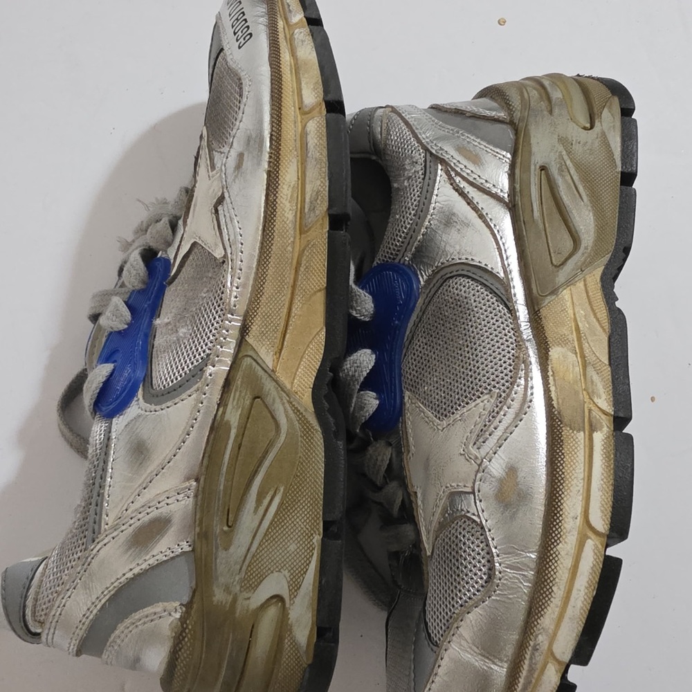 Golden Goose "Dad-Star" woman’s Silver Sneakers with Blue Tongue Accents - Picture 3 of 8